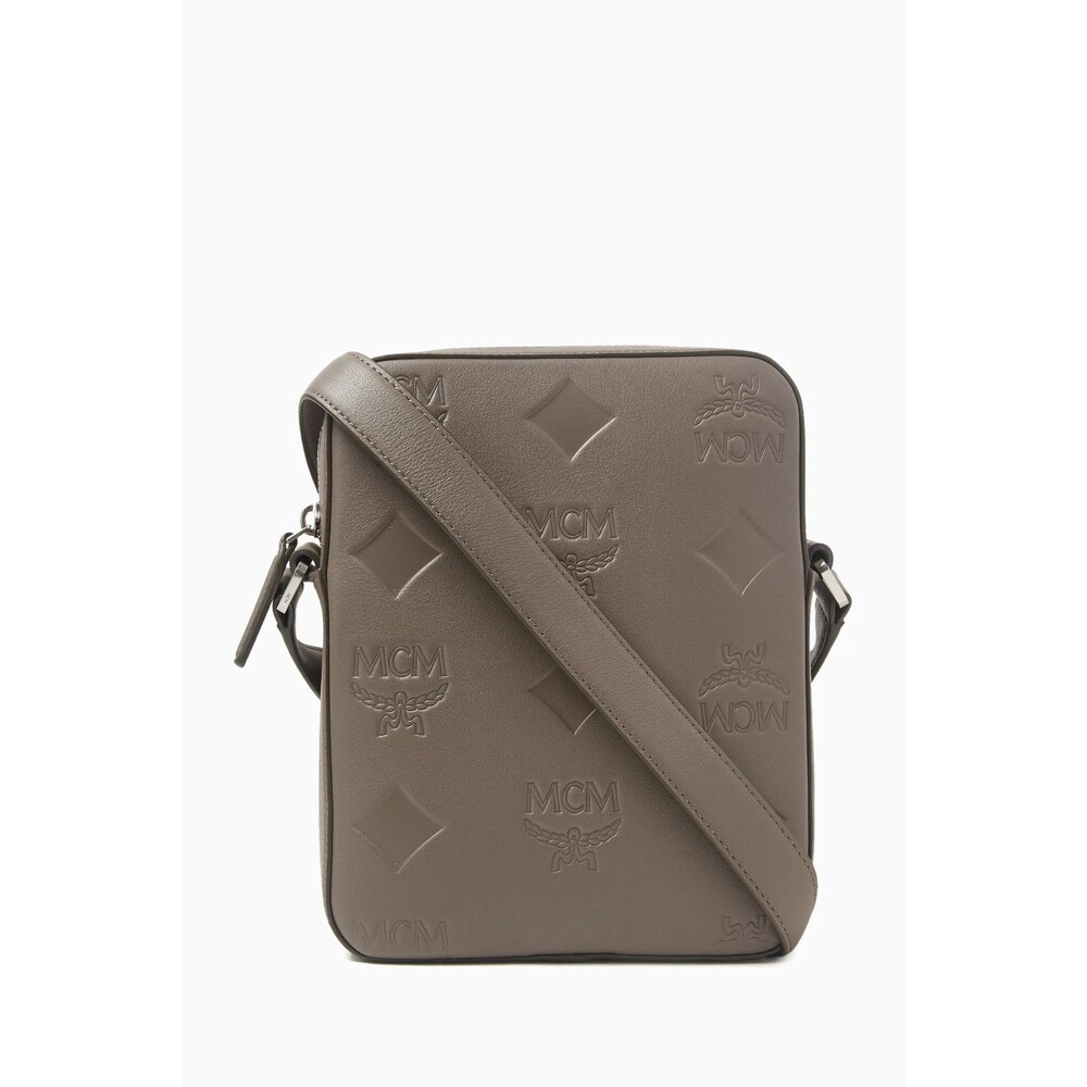 MCM Mini Klassik Taupe Tan Grey Leather Monogram Crossbody Bag $830 Authentic